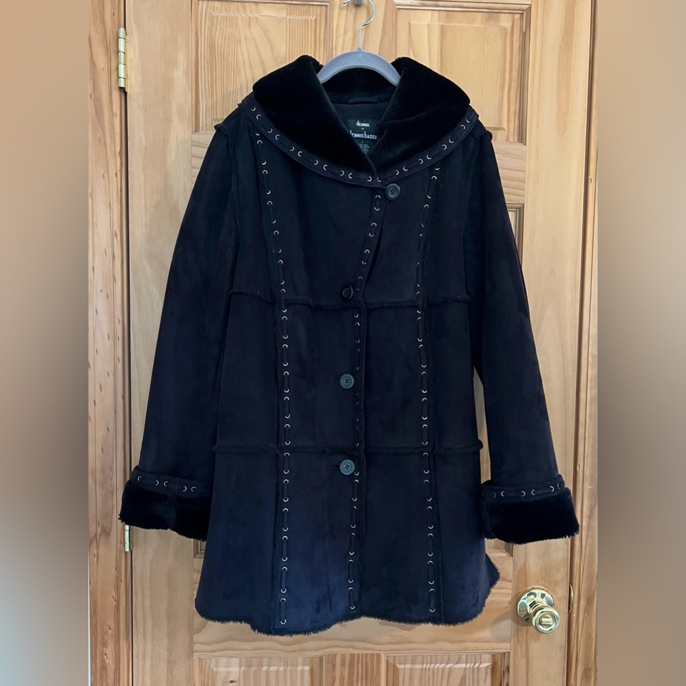 Dennis by Dennis Basso Faux Shearling Shawl Collar Coat L Black